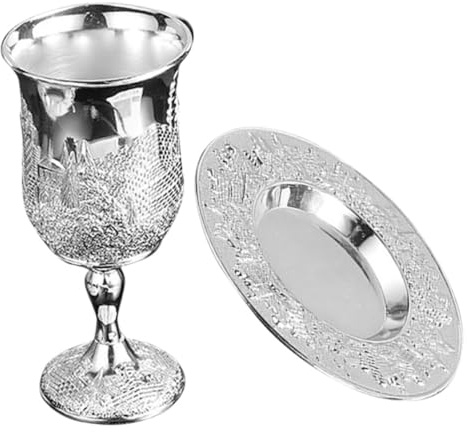 Générique Calice Argenté Kiddouch Shabbat Set Coupe Haute avec Soucoupe Résistante pour Vin Liqueur et Thé Tradition Judaïque Havdalah