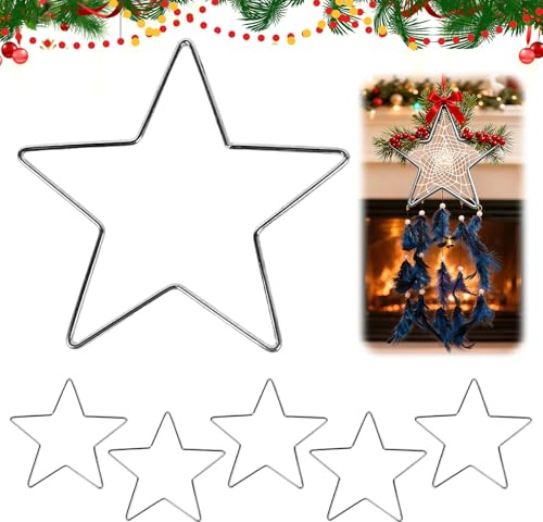CHIHOLEN 5 Stück Metallringe zum Basteln, Metallsterne 20 cm, Hängende Metallsterne Fenster Deko, Stabiler Stern Kranz Rahmen für Weihnachtsdeko, DIY Traumfänger, Hochzeitsdeko (Silber)