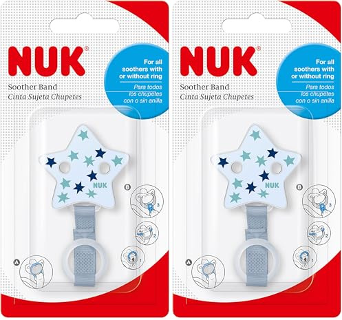 NUK Schnullerband mit Clip | für alle Schnuller | stabil und bruchsicher | blaue Sterne (Packung mit 2)