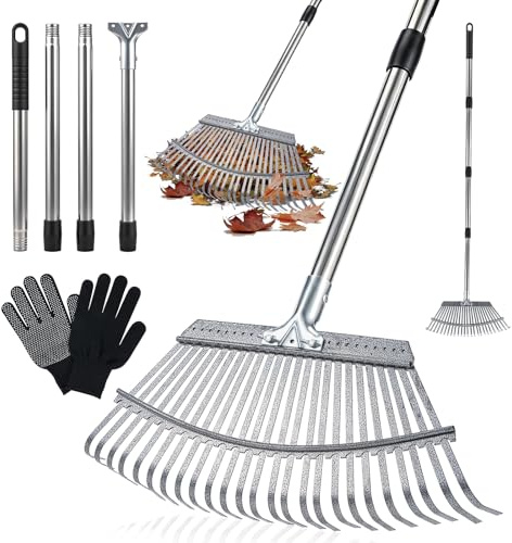 Garden Rake Heavy Duty with 25 Metal Tines, 17.7inch Wide Leaf Rake for Gardening with 35- 62 Adjustable Steel Handle and Gloves, Garden Rakes for Leaves, Gathering Shrub, Grass, Yard (90-157cm)
