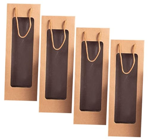 4 Stück-pack Weintasche mit Sichtfenster aus Kraftpapier | Geschenktüten für Wein, Weinverpackungsbeutel mit Griff, für Rotweinflaschen, Schlicht und Stilvoll
