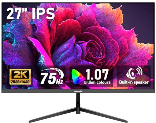 Gawfolk Monitor de 27 pulgadas QHD 75 Hz, pantalla de PC con altavoz | 2K 2560x1440P IPS - Pantalla de ordenador HDMI DP VESA 75 × 75 mm, para oficina en casa y multimedia