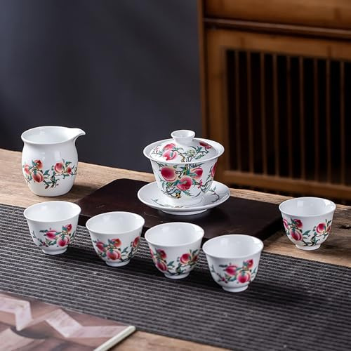 Juego de té de porcelana china con diseño de flor de melocotón, tetera con tapa y platillo, 6 tazas, jarra