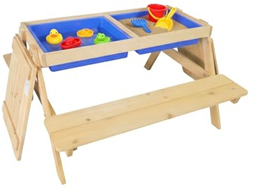 Relaxdays Kindersitzgruppe Holz, 3in1, Spieltisch, Matschküche & Picknicktisch für Garten, HxBxT: 48,5x89x85cm, Natur
