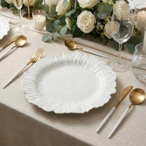 Efavormart 10 Pack Economy Plastic Charger Plates – 13 Pearl White Reef Rim Design Chargers for Weddings & Parties
