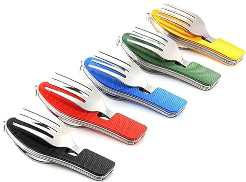 5 Pack Camping Utensils, 4-in-1 Portable Stainless Steel Cutlery with Fork, Spoon, Knife, and Bottle Opener - Lightweight, Detachable, and Durable Camping Silverware for Outdoor Events and Adventures