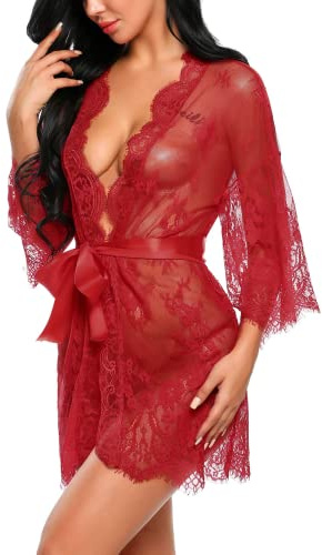 Avidlove lingerie kimono Women's Lace Kimono Robe Babydoll Lingerie Mesh Nightgown Dark Red M