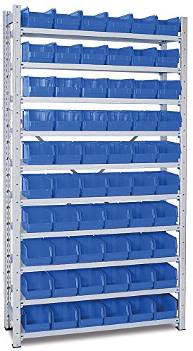BRB Steckregal verzinkt, 10 Böden, BxTxH 1070x315x2000 mm mit 60 Sichtboxen LB 4 (blau)