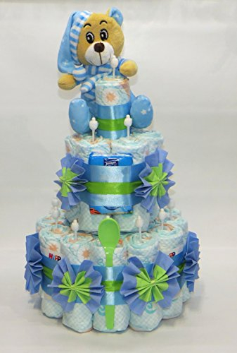 Windeltorte mit Breilöffel + Schlafbär blau/grün - Geschenk zur Geburt