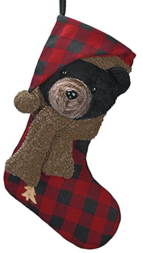 Valery Madelyn Christmas Stockings Decorations, 21 Inch Fabric Red Black Tartan Bear Cute Plush Personalized Fireplace Hanging Ornament for Holiday Xmas Party Decor