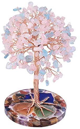 KYEYGWO Rosenquarz & Aquamarine Heilung Edelstein Baum auf Achat Scheiben Harz Base, Kristall Geldbaum Feng Shui Bonsai Baum Ornament Stein Figuren für Haus Deko, Glück, Reichtum