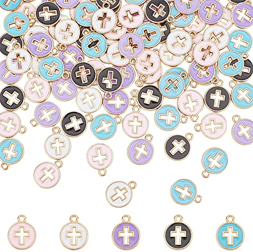 nbeads 100 Stück Kreuz legierung Anhänger, 5 Farben Flache Runde Legierung Emaille Kreuz Anhänger Licht Vergoldet Charme Für DIY Handwerk Armband Halskette Halskette Schmuckherstellung