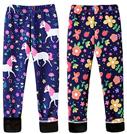 FedMois Barn Flickor Termisk Leggins Byxor Tryck Vintertights (2-Pack), blommor och enhörning, 8-10 år