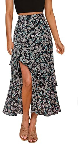 BTFBM Women 2026 Spring Summer Long Skirts Dress Boho Floral Elastic Waist Split Ruffle High Low Beach Maxi Skirt Clothes(Print Floral Black, Medium)