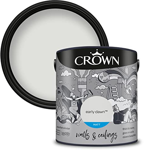 Crown WALLS & CEILINGS Light Grey Matt Emulsion Paint 2.5L | Rich velvety matt in Early Dawn. Covers beautifully. Ideal for bedrooms & living rooms. Low VOC, low odour, vegan