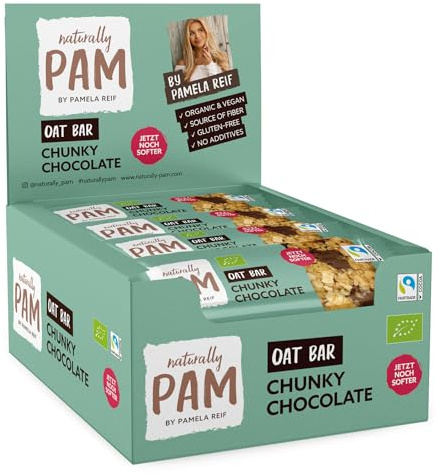 Naturally Pam Oat Bar, Chunky Chocolate, 12 x 40 g, Bio Haferriegel vegan | Müsliriegel Snack aus Haferflocken & Nüssen, glutenfrei, ohne Rohrzucker, ohne künstliche Zusätze, von Pamela Reif