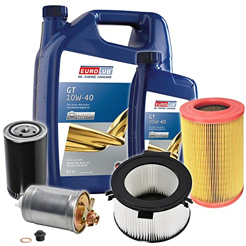 BESTPRICE Inspektionspaket Filterset mit 1x Ölfilter, 1x Kraftstofffilter, 1x Luftfilter, 1x Innenraumfilter (Aktivkohle), 1x Motoröl 10W-40 6 l, Kompatibel mit VW TRANSPORTER T4
