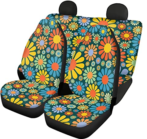 UOIMAG Hippie Autositzbezüge mit Blumenmuster für Damen, Gänseblümchen, Auto-Dekoration, 4-teiliges Set mit bunten Blumen