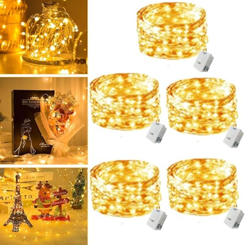 Ding Yongliang Luces de Hilo LED 5 Unidades, 2M 20 LEDsImpermeables IP65, 3 Modos | 100 LEDs Totales | Hilo de Cobre Flexible | Para Navidad, Bodas, Fiestas, Dormitorio | Decoración Luz Calida