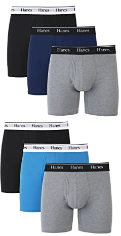 Hanes Originals Lot de 6 Boxers en Coton Extensible évacuant l'humidité pour Homme, Jambe Normale - Gris/Bleu/Noir - Lot de 6, L