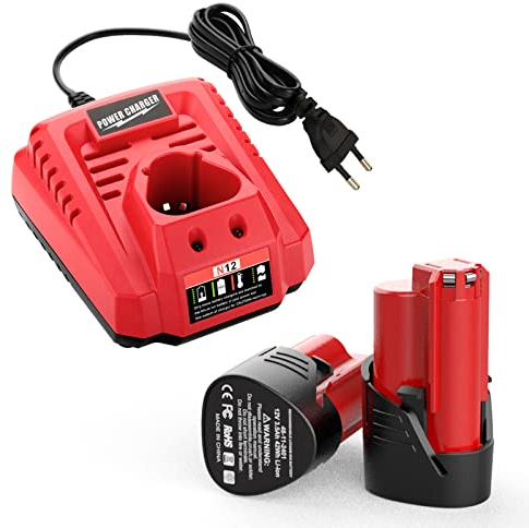 XNJTG 2 Stück 12V 3.5Ah Ersatzakku für Milwaukee M12 M12B 48-11-2411 48-11-2420 48-11-2401 48-11-2402 mit Ersatzladegeräte Ersatz für Milwaukee Ladegerät N12 48-59-2401