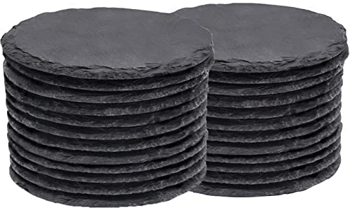 WEWINK PLUS Lot de 24 dessous de verre en ardoise en vrac, 10,2 cm, en pierre naturelle ronde rustique, noir avec dos anti-rayures pour gravure au laser, décoration d'intérieur, bar, cadeaux, table