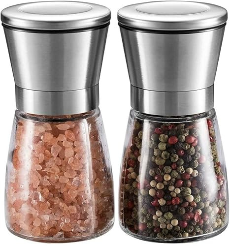 2Pcs Salt and Pepper Spice Grinder Set Stainless Steel Glass Shaker Adjustable Mill Coarse