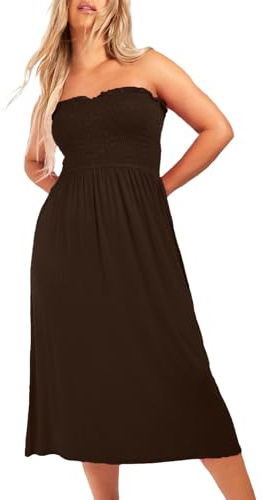NetSetUK Women's Strapless Sheering Boob Tube Gather Oversized Plus Size Elasticated Bust Bandeau Plain Beach Summer Sleeveless Top Midi Dress for Ladies 8-22