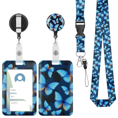 Vicloon Lanyard mit ID Kartenhalte, 2 Stücke Einziehbare Badge Holders | Ausweishalter mit Clip, Schlüsselbänder mit Schnellverschluss Schnalle(blauer Schmetterling)