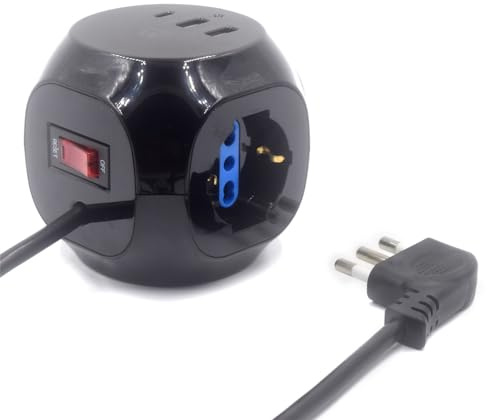Ewent Multipresa Cubo Nera con 3 Prese Italiane/Schuko, USB-C PD 20 W, 2 USB-A, Spina Italiana 16 A e Cavo 1,5 m, Design Salvaspazio