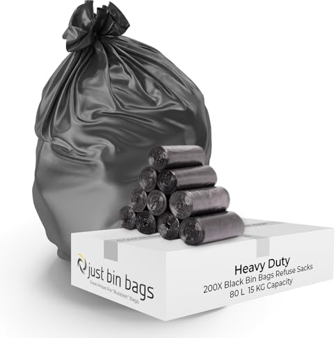 200x 80L Heavy Duty XL Black Bin Bags - Refuse Sacks – 10 Rolls (20 Bags each) | 15kg Capacity- 140 Gauge, 32.50 Micron Strong Rubbish Dustbin Bags (Opal)