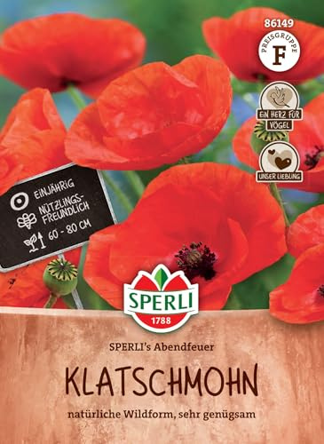 SPERLI Klatschmohnsamen SPERLI's Abendfeuer - Einjährige Blumensamen für leuchtend rote Wildblumen, Wuchshöhe 70-80cm, ideal für Beete und Bauerngärten, Mohnsamen | Aussaat im Freiland, pflegeleichte Sommerblume, wirkt in Gruppen, insektenfreundlich, natuerliche Gartenoptik