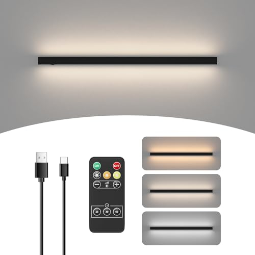 Klighten 6W LED Akku Wandleuchte Dimmbare, Schwarz Kabellos 80cm Wandlampe mit Fernsteuerung, Lange Wiederaufladbar Wandleuchten mit Timer-Funktion für Schlafzimmer Wohnzimmer Korridor Treppenhaus