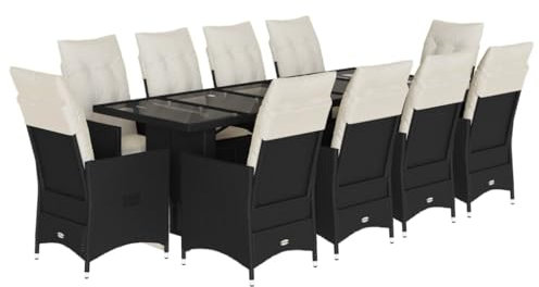 vidaXL Garten Bistroset 11-TLG., Balkonset mit Kissen, Gartenmöbel Tisch 10 Verstellbare Stühle, Balkonmöbel Sitzgruppe Gartengarnitur, Schwarz Poly Rattan