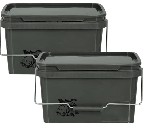 DNA Leisure Fishing Bait Buckets Green Square 5L & 10L Litres Boilies Pellets Spod Mix Carp (2, 5 Litre) - Plastic, Air-tight, Leak-proof, Versatile, Multi-size
