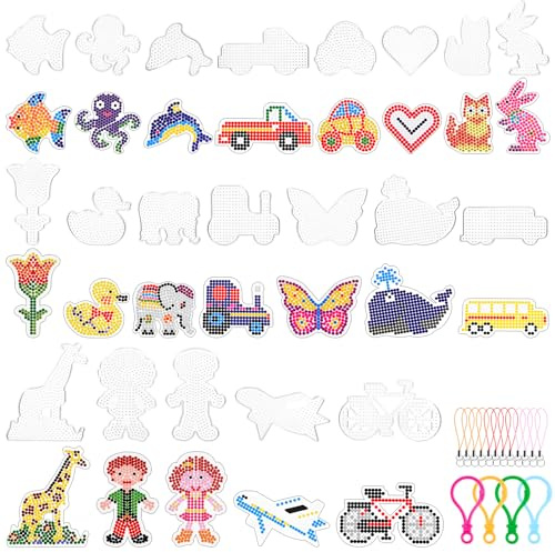 MINISOISO 20 Piezas Beads Plantilla, 5mm Juego de Placas de Cuentas para Planchar con 20 Patrones Papel Tarjeta, 4 Pinzas, 5 Llavero, 12 Acollador, DIY Manualidades para Niños