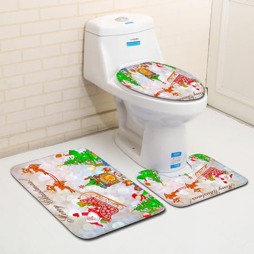 Bad Teppiche Set Red Orange Rentier Badezimmerteppich Waschbar WC Vorleger mit Ausschnitt und WC Deckelbezug 3 Teilig Badematte rutschfest Toilettensitzbezug Badgarnitur 45x75 cm
