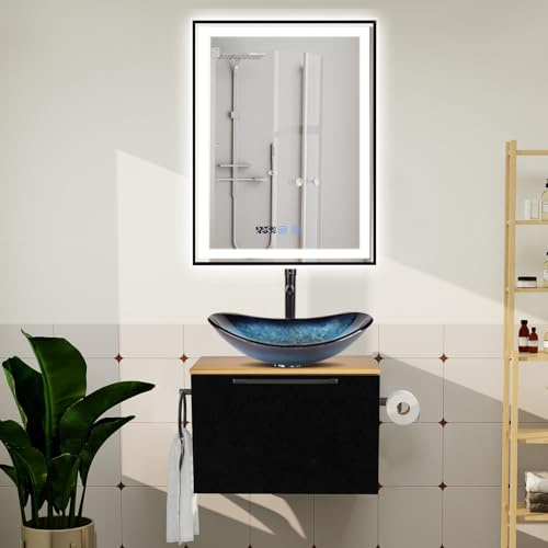 YU YUSING Badmöbel Set Waschbeckenunterschrank Badezimmerschrank 60cm Waschbecken Unterschrank, Badspiegel LED Schwarzer Metallrahmen 60x80cm, Anti-Beschlag,Badezimmermöbel mit Waschtisch(Oval Blau)