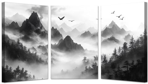 JOSUE Schwarz, weiß 3-teiliges Set Wald Bilder Leinwand, Tusche Malerei Berg Bilder Groß Wandbilder für Wohnzimmer Wandbild Kunstdruck-50x70cmx3 Gerahmt