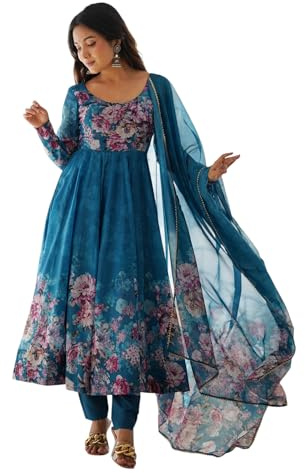 KD Women's Floral Print Anarkali Kurta Set with Pant and Dupatta, Georgette, Full Sleeves, Asymmetric Hemline (IN, Alpha, XL, Regular, BLUE)