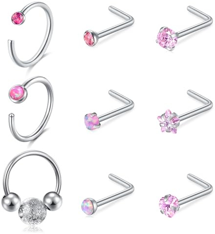 Funseedrr 9 st 20 g näsringar rostfritt stål L-formad opal nässkruv med kubisk zirkonia silver näsa piercing smycken