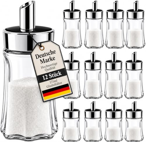My-goodbuy24 12er Set Zuckerstreuer aus Glas 175ml Fassungsvermögen Streuer Zucker Dose Zuckerspender mit Schraubdeckel, ideal für weißer/brauner Zucker - Gastronomiebedarf (12er Pack)