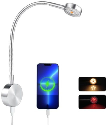 Obeaming 12V Leselampe Wohnmobil Eingebauter Dimmschalter, Typ-C-Ladegerät und rotes Nachtlicht 3200K Flexible Schwanenhals LED Wandlampe DC 12V-24V Spot für Boot Wohnwagen Yacht (Silber)