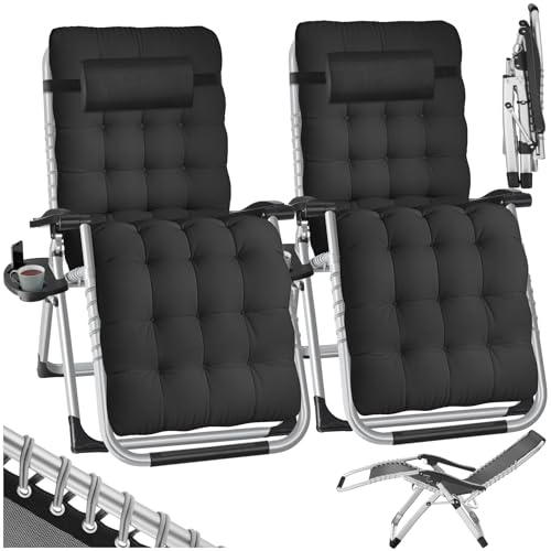 tectake® Lot de 2 Fauteuil de Jardin Chaise Longue Pliable & Inclinable avec Rembourrage Repose Pieds Accoudoirs Appuie-tête Amovible Salon de Jardin Exterieur, Cadre Acier époxy, Mobilier