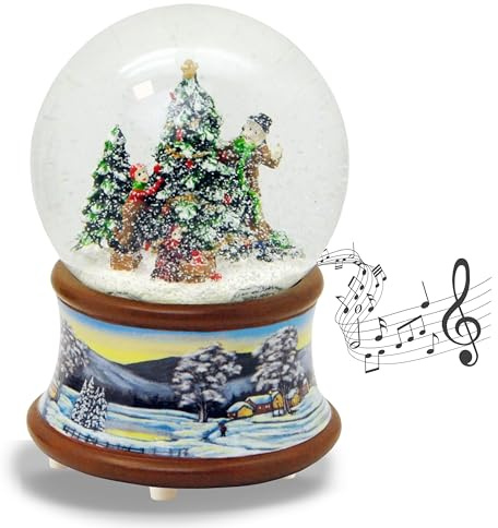 Palla di neve natalizia con musica, per decorare l'albero di Natale, base paesaggio invernale marrone, 100 mm di larghezza, 140 mm di altezza, carillon meccanico, decorazione natalizia, 20194