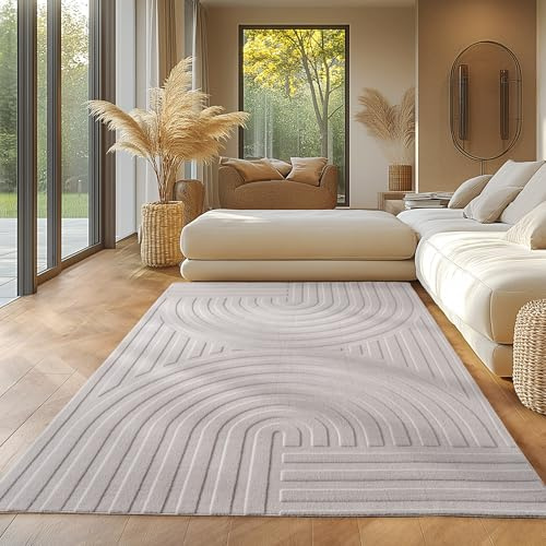 SIMPEX Boho Teppich 160 x 230 cm Creme, Weicher Skandinavischer Kurzflor mit 3D-Effekt, Waschbar & Pflegeleicht, Moderner Teppich für Wohnzimmer, Esszimmer oder Schlafzimmer
