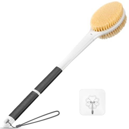 Body Shower Brush Back Scrubber: Anti Slip 18.1'' Long Handle Bath Brush with Stiff and Soft Bristles - Showering Exfoliator for Women, Men, Elderly (Charcoal Grey)