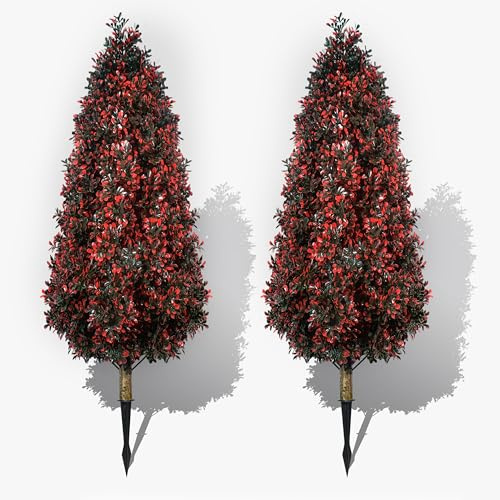 Artificial Christmas Topiary Trees 100cm, Set of 2 Fake Xmas Tree Outdoor Decor, Red Faux Plants Shrubs, Realistic Entrance Bushes with Spikes for Urn Filler Indoor Planter Front Door / Porch Office