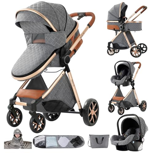 MoLi Kinderwagen 3 in 1, Kinderwagen Set Umkehrbarem Doppelschiebemodus, Kombikinderwagen 3 in 1 Großer Bequemer Babywanne, Buggy Rahmen Aluminiumlegierung Faltbar Hohe Landschaft (YV9 Grey)