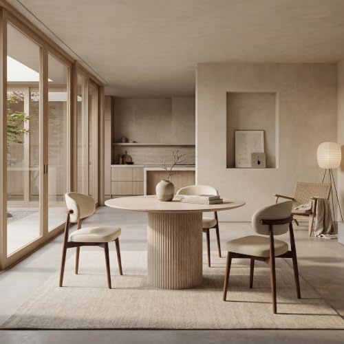MAISON DES MEUBLES Table à Manger Ronde Pillard – Table Design Effet travertin pour Salle à Manger – Convivialité Naturelle et Usage Quotidien – Pied Central cannelé Stable – Style Chic et Lumineux